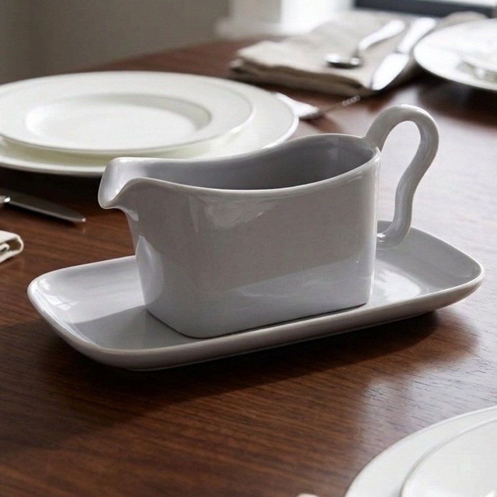 Franciscan Tiempo Gravy Boat Underplate Tray Mid Century Modern Gray Minimal
